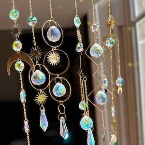 Set of 6 Suncatchers, Crystal Moon Hanging Sun Catchers, Rainbow Maker, Gold Suncatcher Set, Mother’s Day Gift