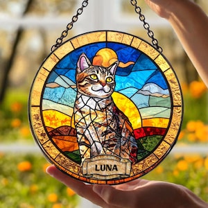 Personalized Cat Memorial Stained Glass, Loss of Pet Sympathy Gift, Cat With Name Suncatcher, Cat Suncatcher, Custom Pet Image Gift, LossCat