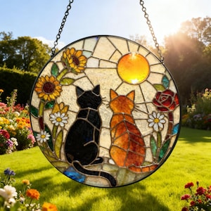 Custom Charming Black Orange Cat Couple Garden Suncatcher Tabby Cat Stained Glass Window Hanging Glass Mom/Grandma Gift For Her/Friends