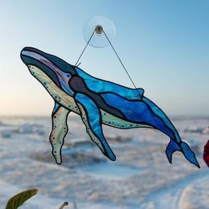 Stained Glass Suncatcher — Humpback Whale, Ocean Nautical Window Hanging, Beach House Gift