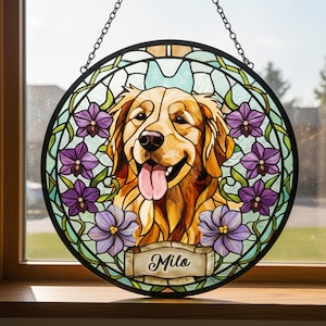 Personalized Dog Portrait Stained Glass Suncatcher, Custom Pet Memorial Stained Glass Photo Suncatcher, Dog Loss Keepsake, Pet Loss Gift