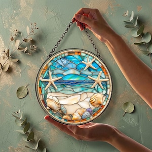 Seashells Round Suncatcher Coastal Beach Seashell Window Hanging Ocean Inspired Stained Glas Sun Catcher Summer Beach House Decor suncatcher
