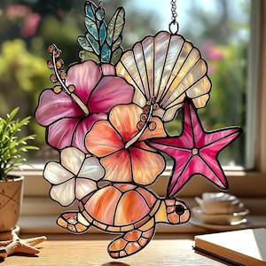 Sea Turtle RESIN Suncatcher, FAUX Stained Glass Window Hanging, Hibiscus Flower Decor, Tropical Starfish, Window Hanging Coastal, Ocean Gift
