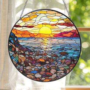 Rocky Ocean Stained Glass Suncatcher: Sunset Sea Window Hanging, Coastal Beach House Decor