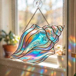 Seashell Acrylic Rainbow Suncatcher, Iridescent Shell Window Hanging, Holographic Beach Decor, Coastal Ocean Art, Mermaid Aesthetic Gift
