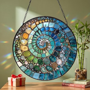 Abstract Rainbow Shell Spiral Suncatcher, Stained Glass Coastal Beach Decor, Ocean Inspired Window Hanging Gift