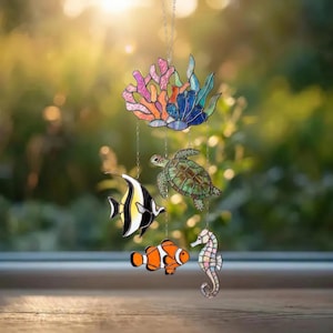Ocean Acrylic Suncatcher Mobile, Faux Stained Glass Sea Animals Decor, Clownfish Turtle Seahorse Window Hanging, Coastal Gift Ornament