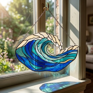 Ocean Wave Stained Glass Suncatcher, Coastal Healing Decor, Beach Lover Gift