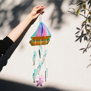 Handmade Sailboat Glass Wind Chime, Coastal Sun Catcher with Fish & Starfish, Nautical Beach House Decor