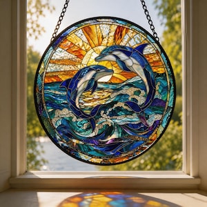 Dolphin Stained Glass Suncatcher, Ocean Window Hanging, Coastal Glass Art Decor, Beach House Gift, Nautical Sun Catcher