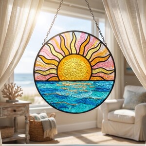 Ocean Sunset Suncatcher, Summer Stained Glass Window Hanging, Coastal Beach House Decor, Gift for Dad